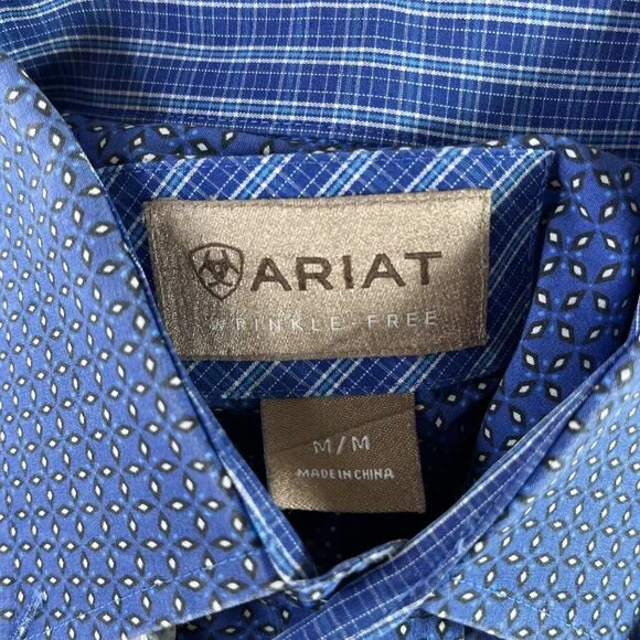 Ariat Button Down Blue Shirt Men's Medium Box Rose Pattern Long Sleeve Button Up - Picture 8 of 8